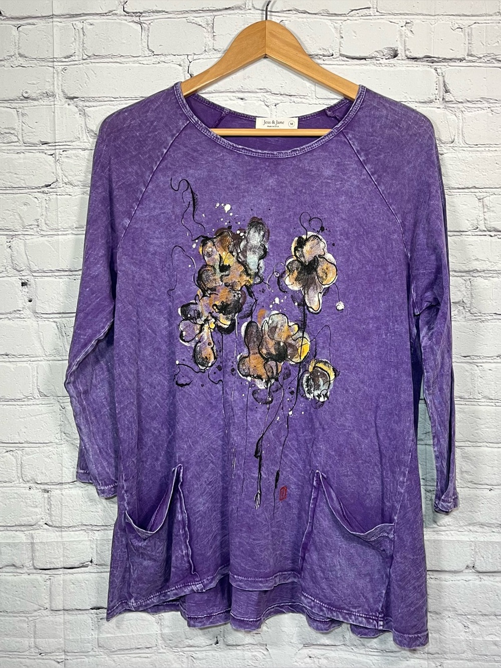 Jess & Jane Tunic Shirt Womens Size Medium Purple Mineral Wash Floral Artsy
